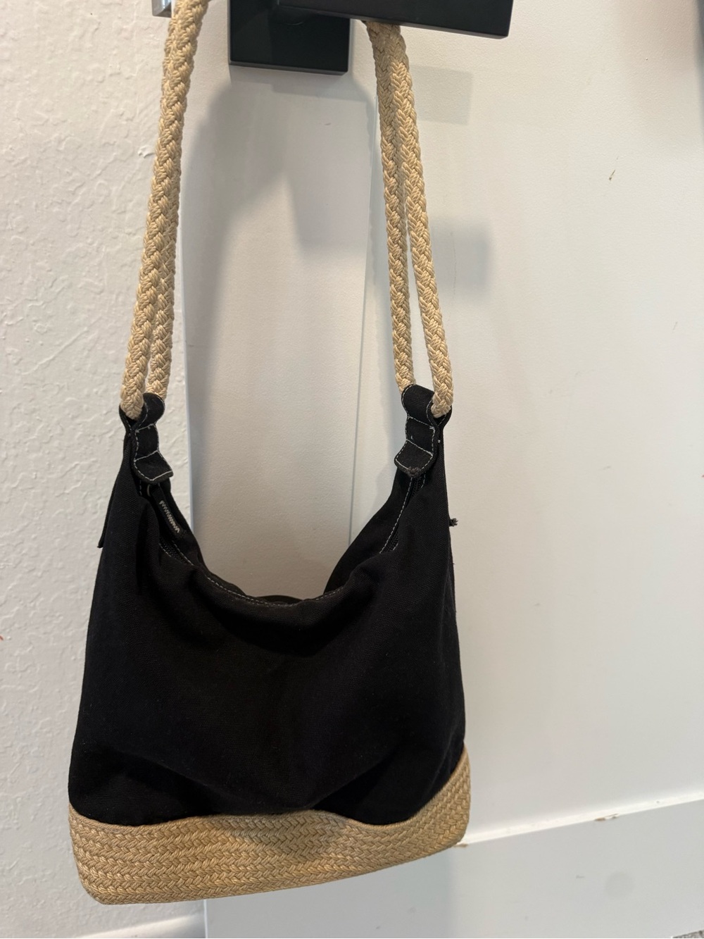 Women’s Black Canvas & Straw Shoulder Bag